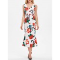 Buttoned Rose Print Vintage Dress