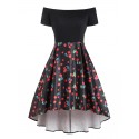 Cherry Print Off Shoulder High Low Party Dress