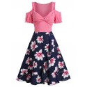 Floral Print Open Shoulder Short Sleeve A Line Dress