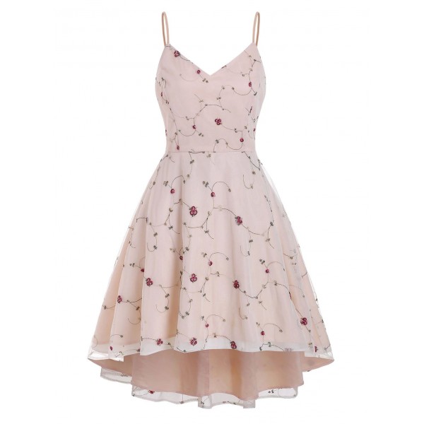 Flower Embroidered Lace Overlay High Low Party Dress