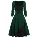Flower Lace Insert Mock Button Bowknot Vintage Dress