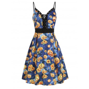 Halloween Pumpkin Sunflower Lace Up Dress