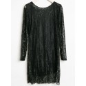 Openwork Design Long Sleeve Round Collar Backless Black Color Lace Packet Buttock Dress