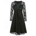 Plunge Neck Lace-up Ruffle Flower Lace Dress