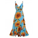 Sunflower Print Spaghetti Strap Wrap Maxi Dress