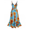 Sunflower Print Spaghetti Strap Wrap Maxi Dress
